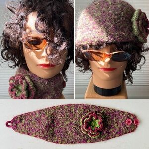 🦙Alpaca & Wool Magenta & Green Earmuff / Neck Wrap-Scarf / Head Covering / Hat